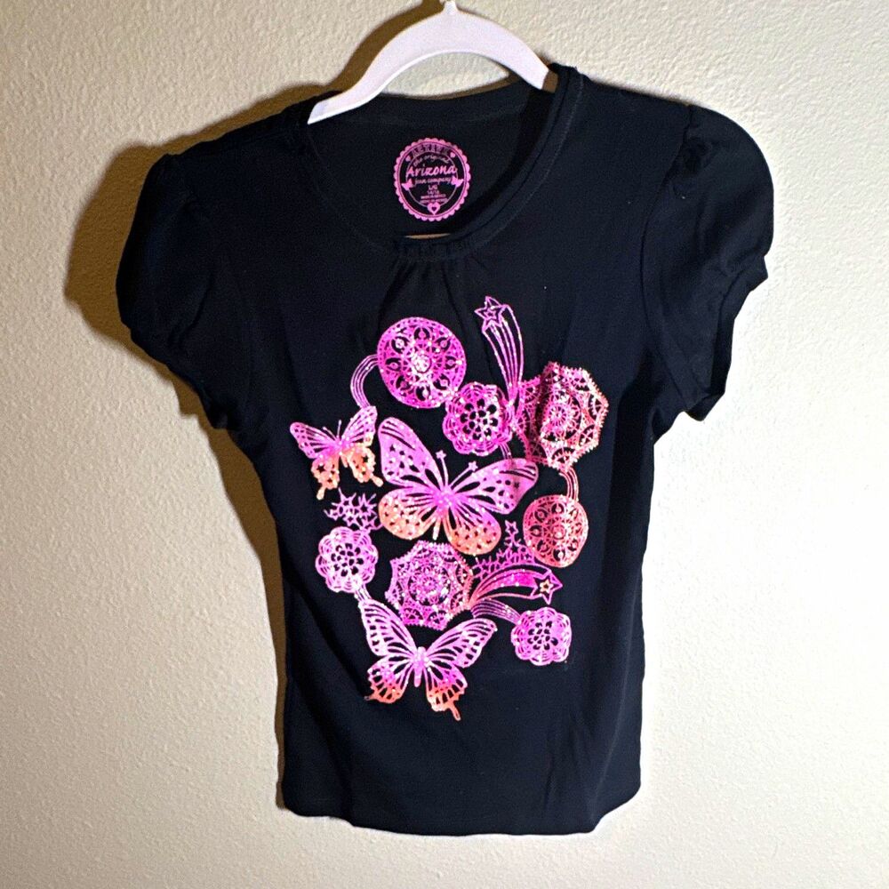 Arizona Jean Company Black Pink Glitter Butterfly Graphic Tee Juniors L (14-16)